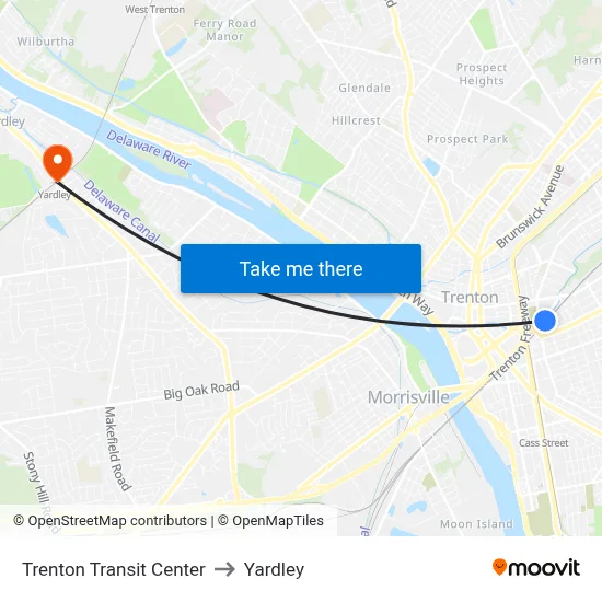 Trenton Transit Center to Yardley map