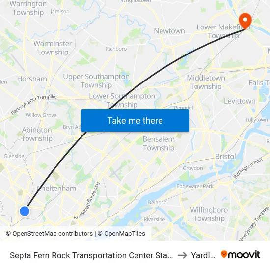 Septa Fern Rock Transportation Center Station to Yardley map