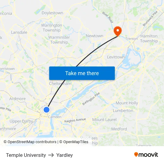 Temple University to Yardley map