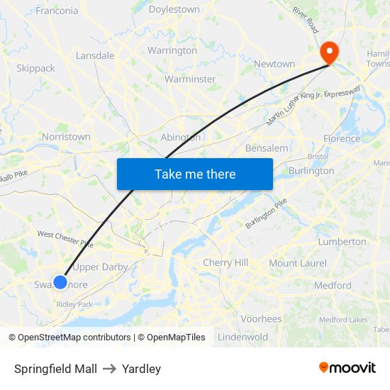 Springfield Mall to Yardley map