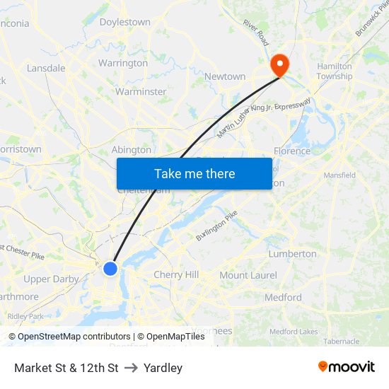 Market St & 12th St to Yardley map