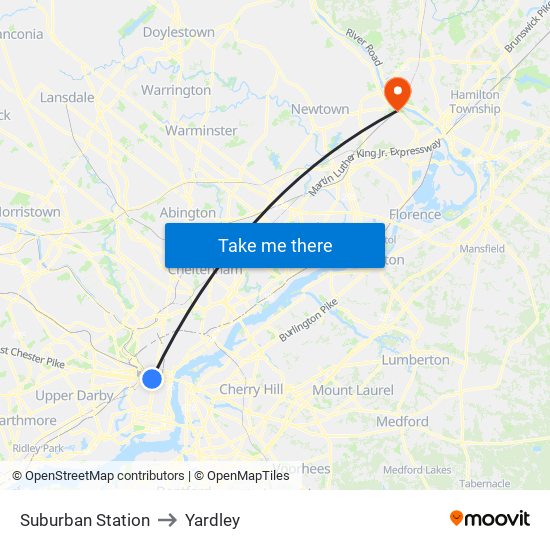 Suburban Station to Yardley map