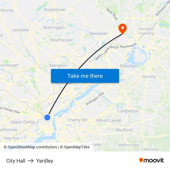 City Hall to Yardley map