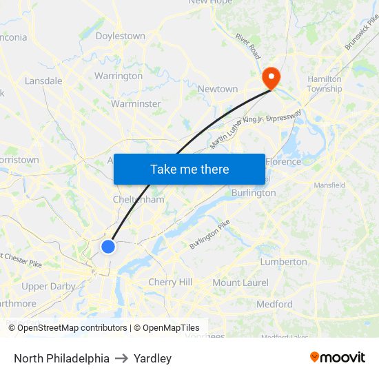 North Philadelphia to Yardley map
