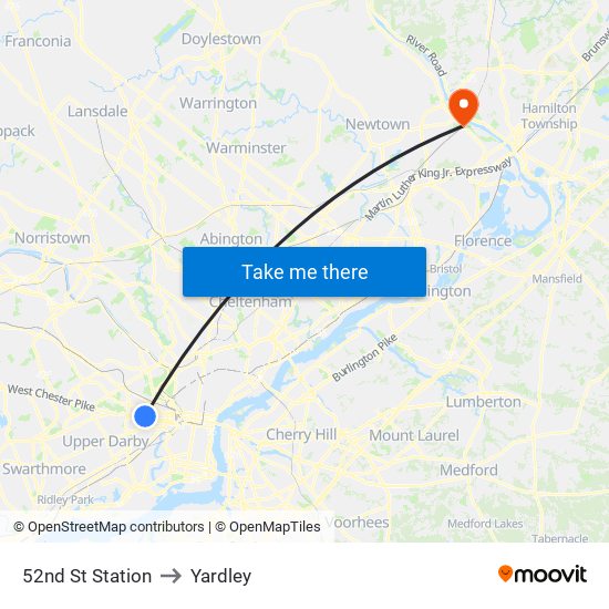 52nd St Station to Yardley map