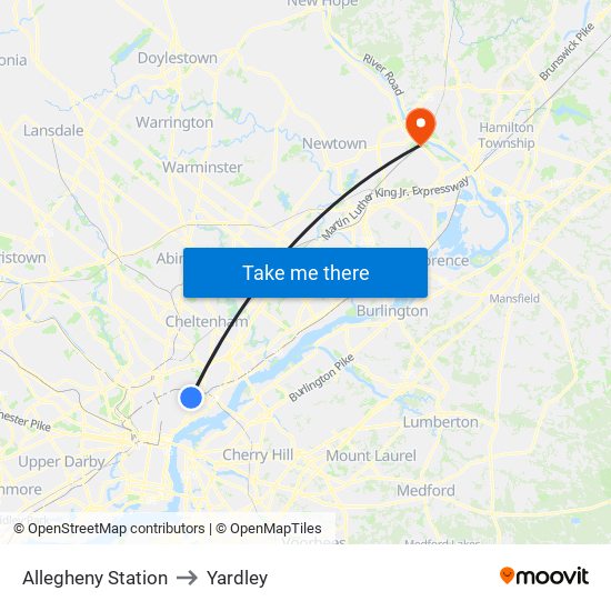 Allegheny Station to Yardley map