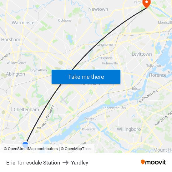 Erie Torresdale Station to Yardley map