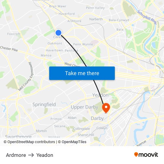 Ardmore to Yeadon map