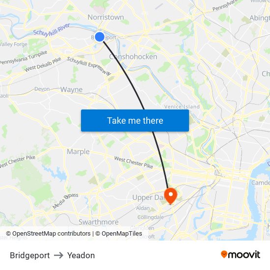 Bridgeport to Yeadon map