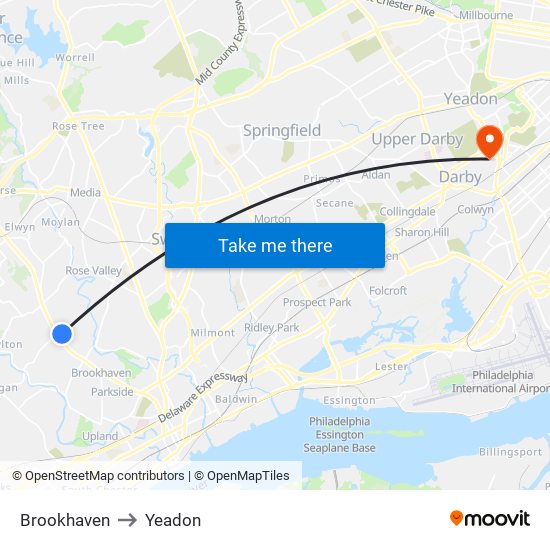 Brookhaven to Yeadon map