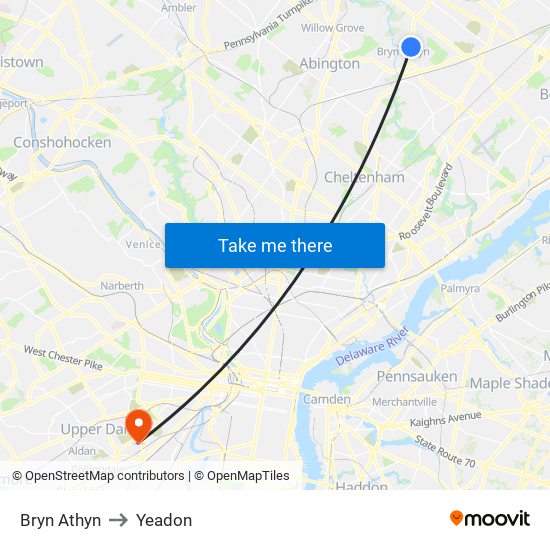 Bryn Athyn to Yeadon map