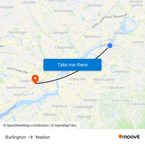 Burlington to Yeadon map