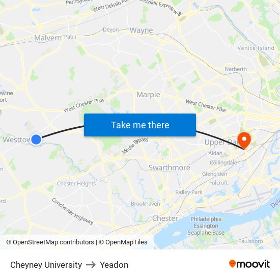 Cheyney University to Yeadon map