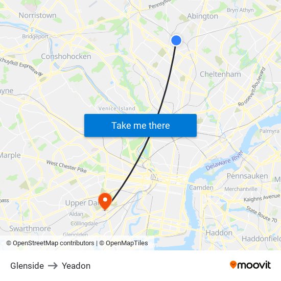 Glenside to Yeadon map