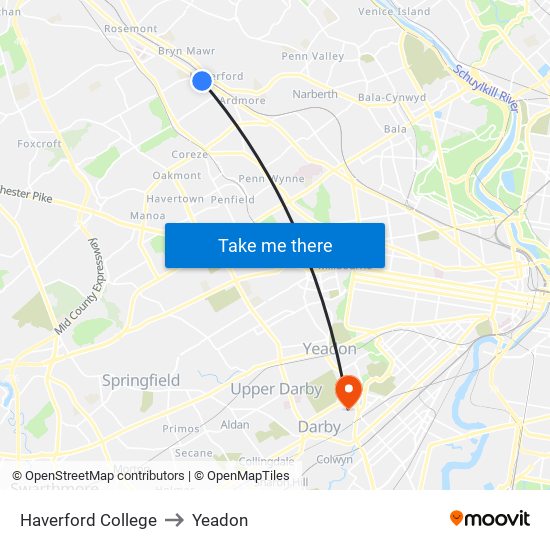 Haverford College to Yeadon map