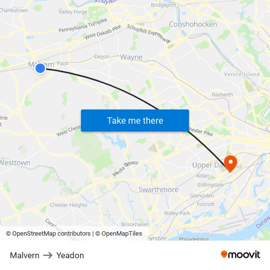 Malvern to Yeadon map