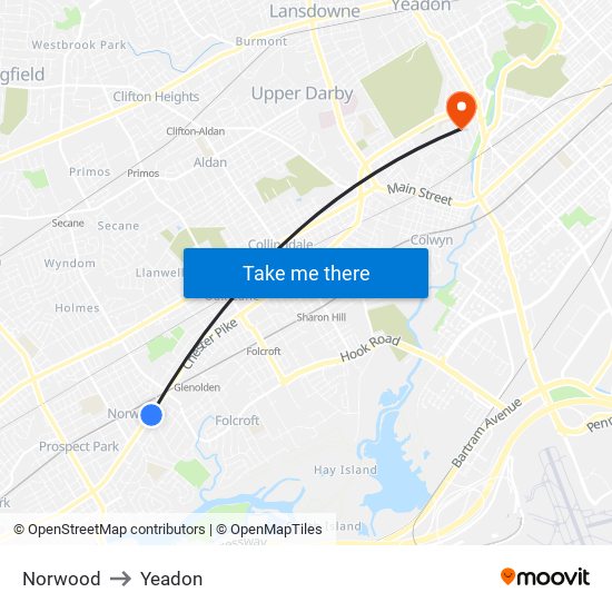 Norwood to Yeadon map