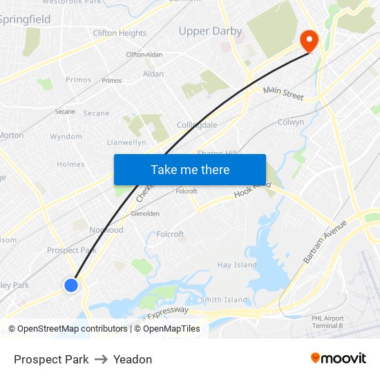 Prospect Park to Yeadon map