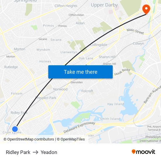 Ridley Park to Yeadon map