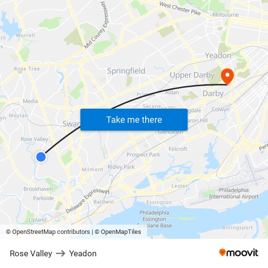 Rose Valley to Yeadon map