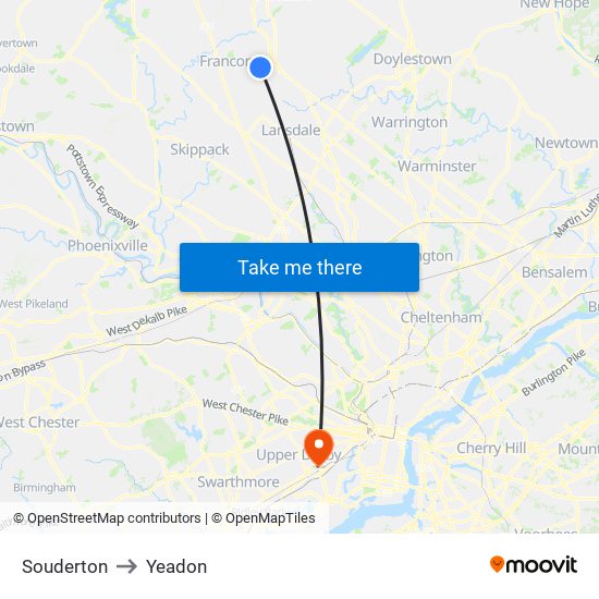 Souderton to Yeadon map