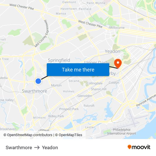 Swarthmore to Yeadon map