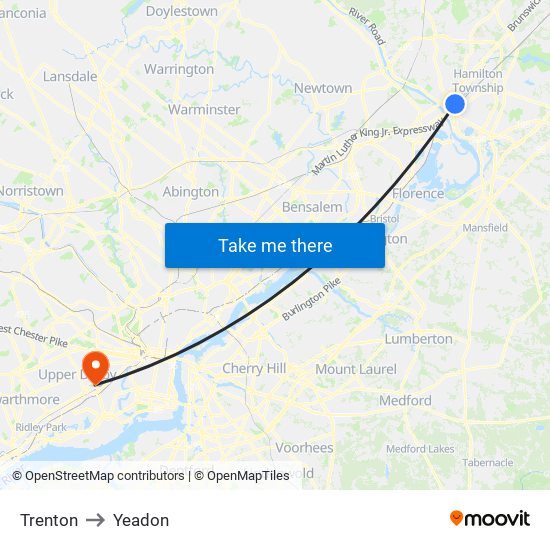 Trenton to Yeadon map
