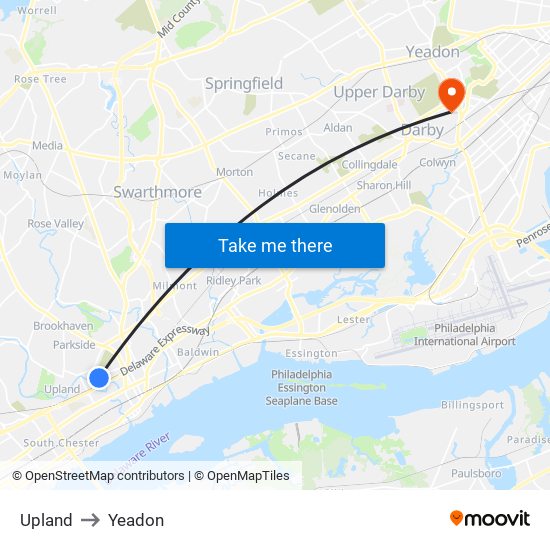 Upland to Yeadon map