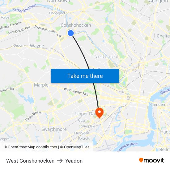 West Conshohocken to Yeadon map