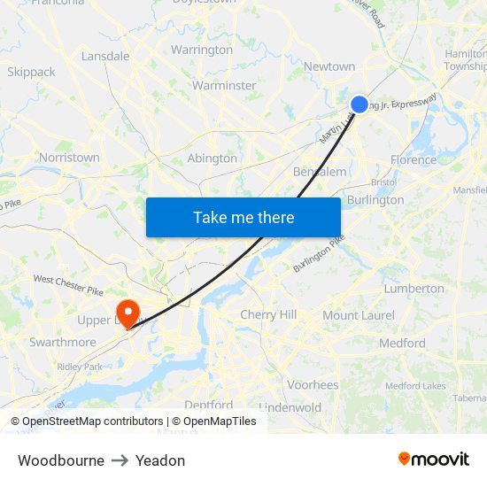 Woodbourne to Yeadon map