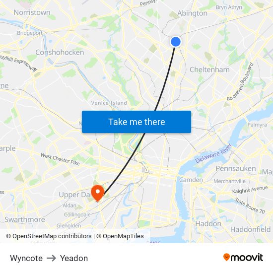 Wyncote to Yeadon map
