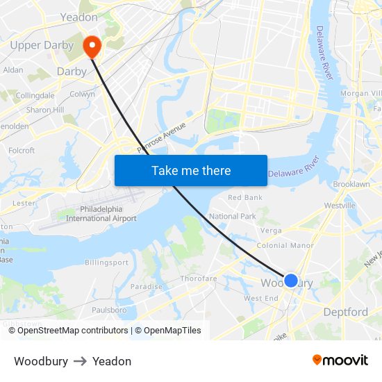 Woodbury to Yeadon map