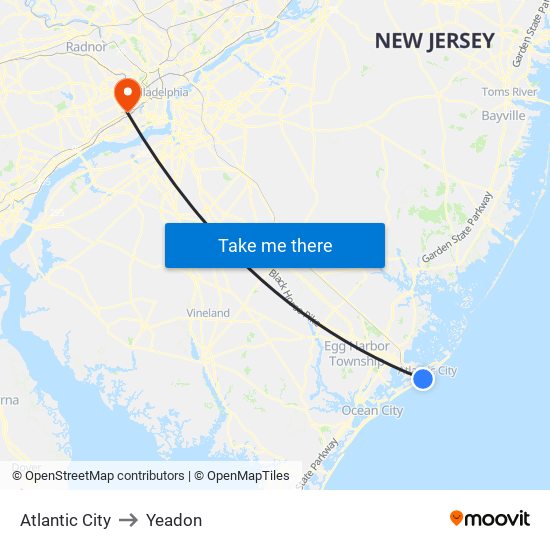 Atlantic City to Yeadon map