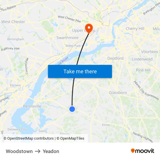 Woodstown to Yeadon map