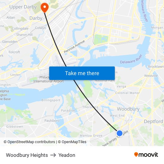 Woodbury Heights to Yeadon map