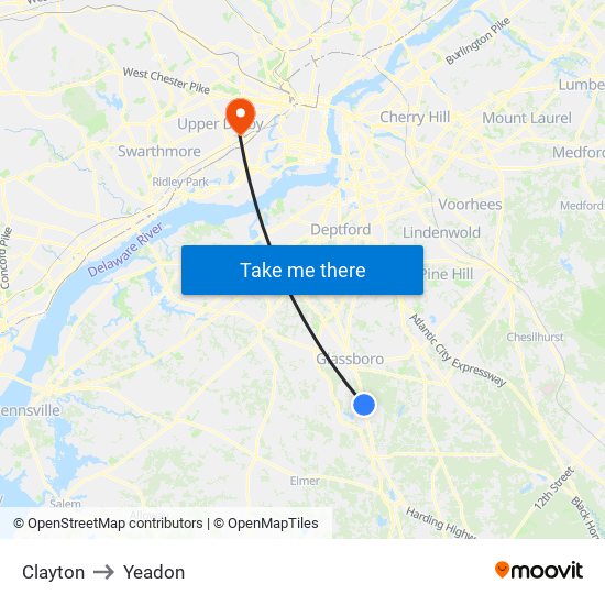 Clayton to Yeadon map