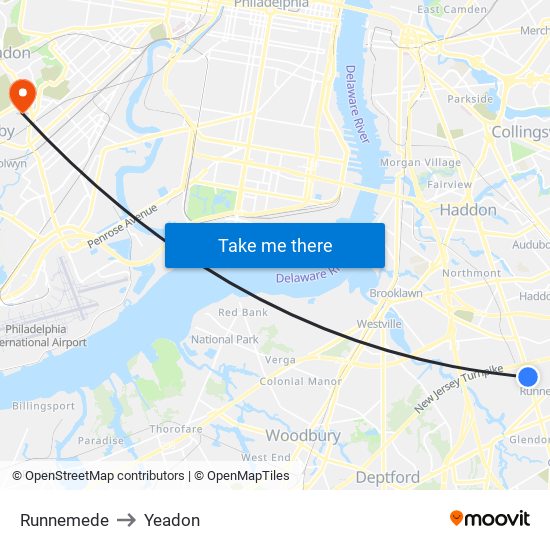 Runnemede to Yeadon map