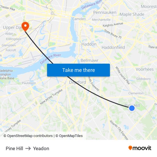 Pine Hill to Yeadon map