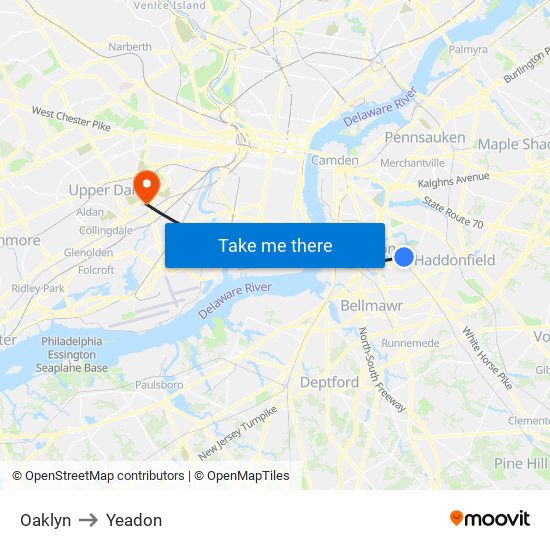 Oaklyn to Yeadon map