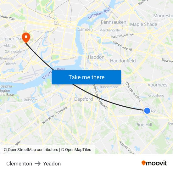 Clementon to Yeadon map