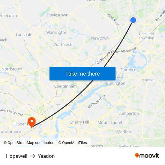 Hopewell to Yeadon map