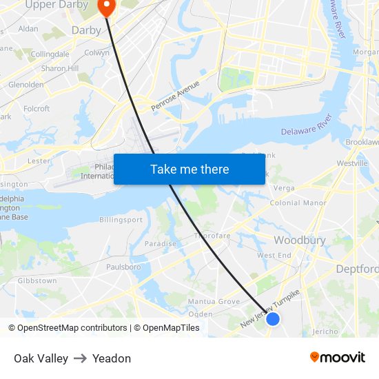 Oak Valley to Yeadon map