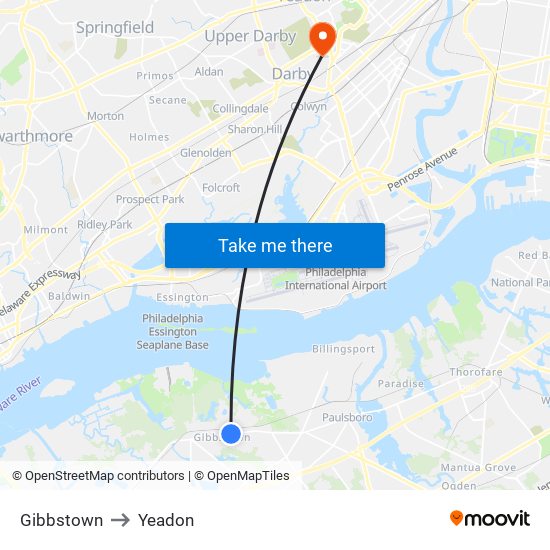 Gibbstown to Yeadon map