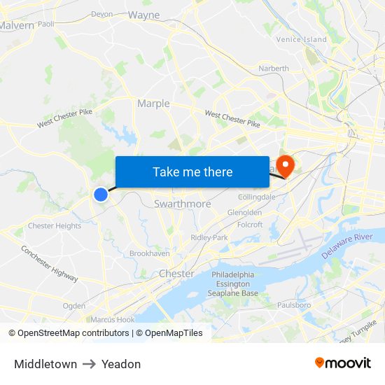 Middletown to Yeadon map