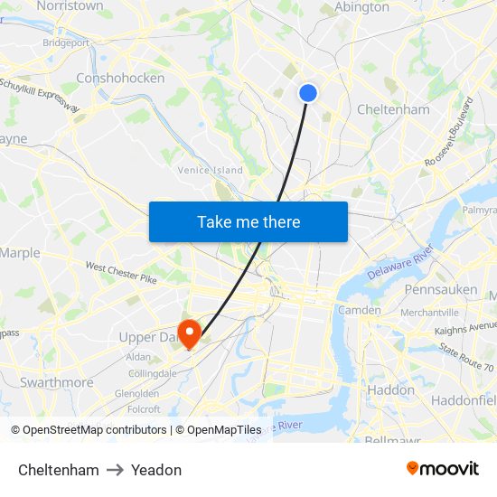 Cheltenham to Yeadon map