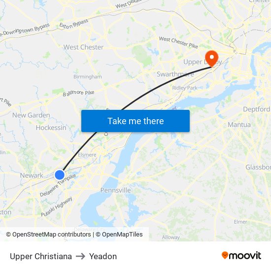 Upper Christiana to Yeadon map