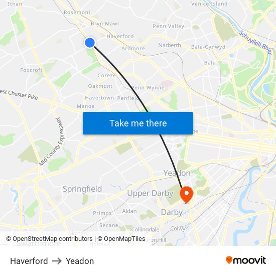 Haverford to Yeadon map