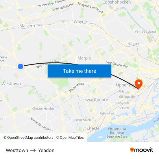 Westtown to Yeadon map