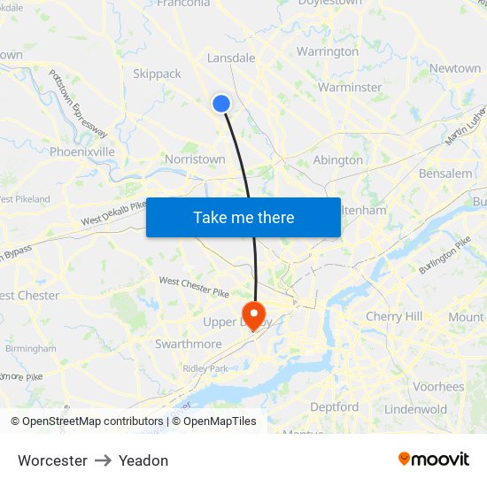 Worcester to Yeadon map