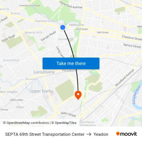 SEPTA 69th Street Transportation Center to Yeadon map